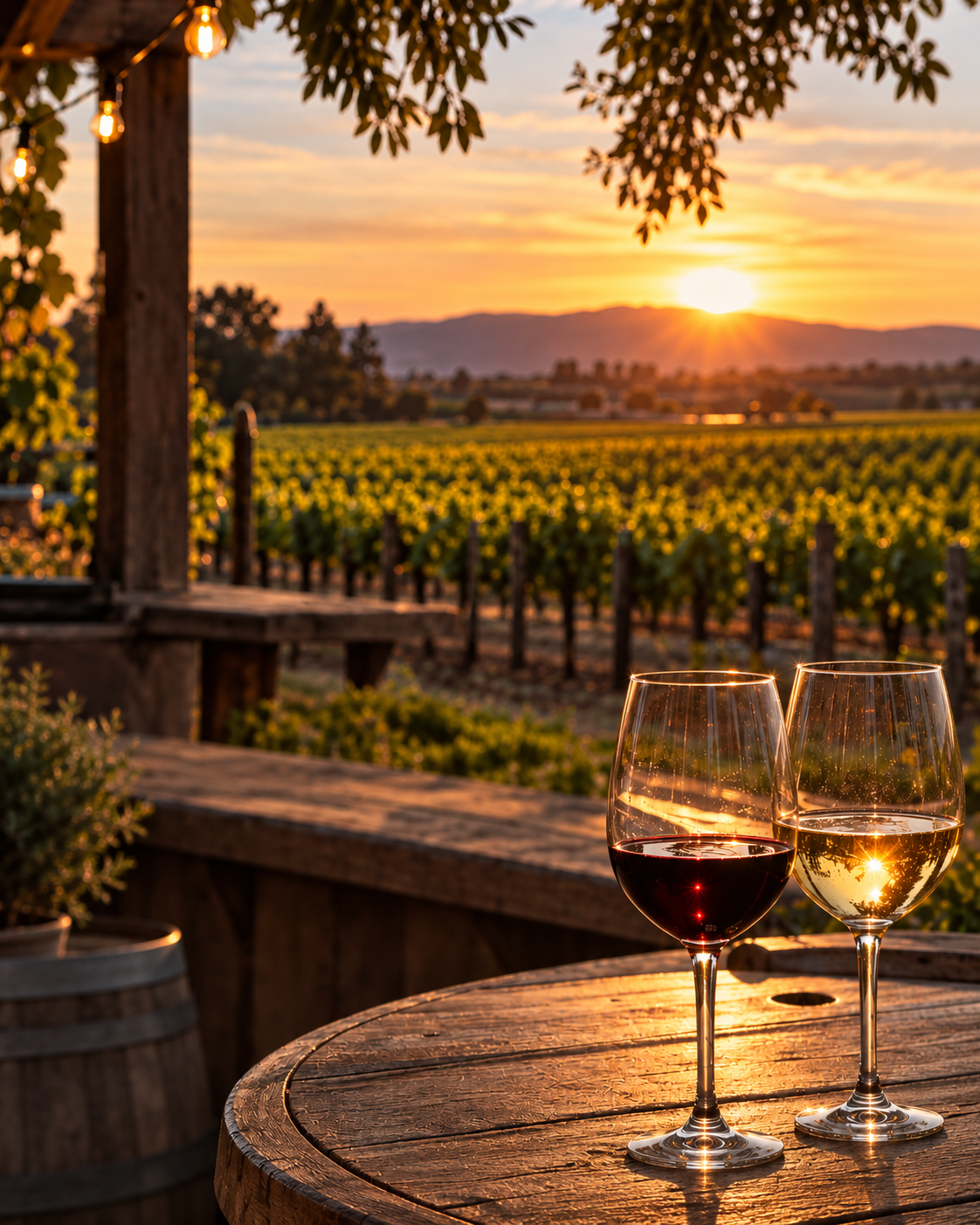 Golden-hour sunset over a Lodi vineyard, with red and white wine glasses on a tasting terrace